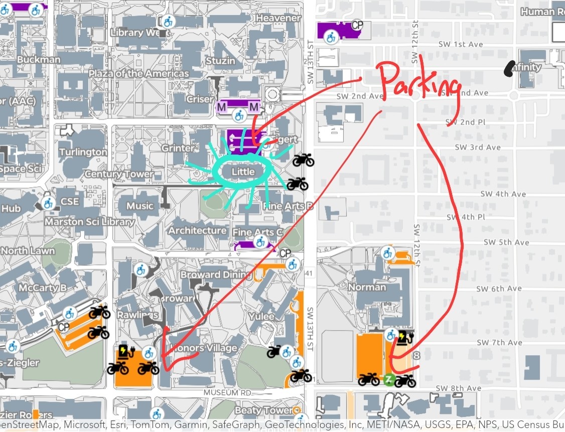 Map showing parking near Little Hall.